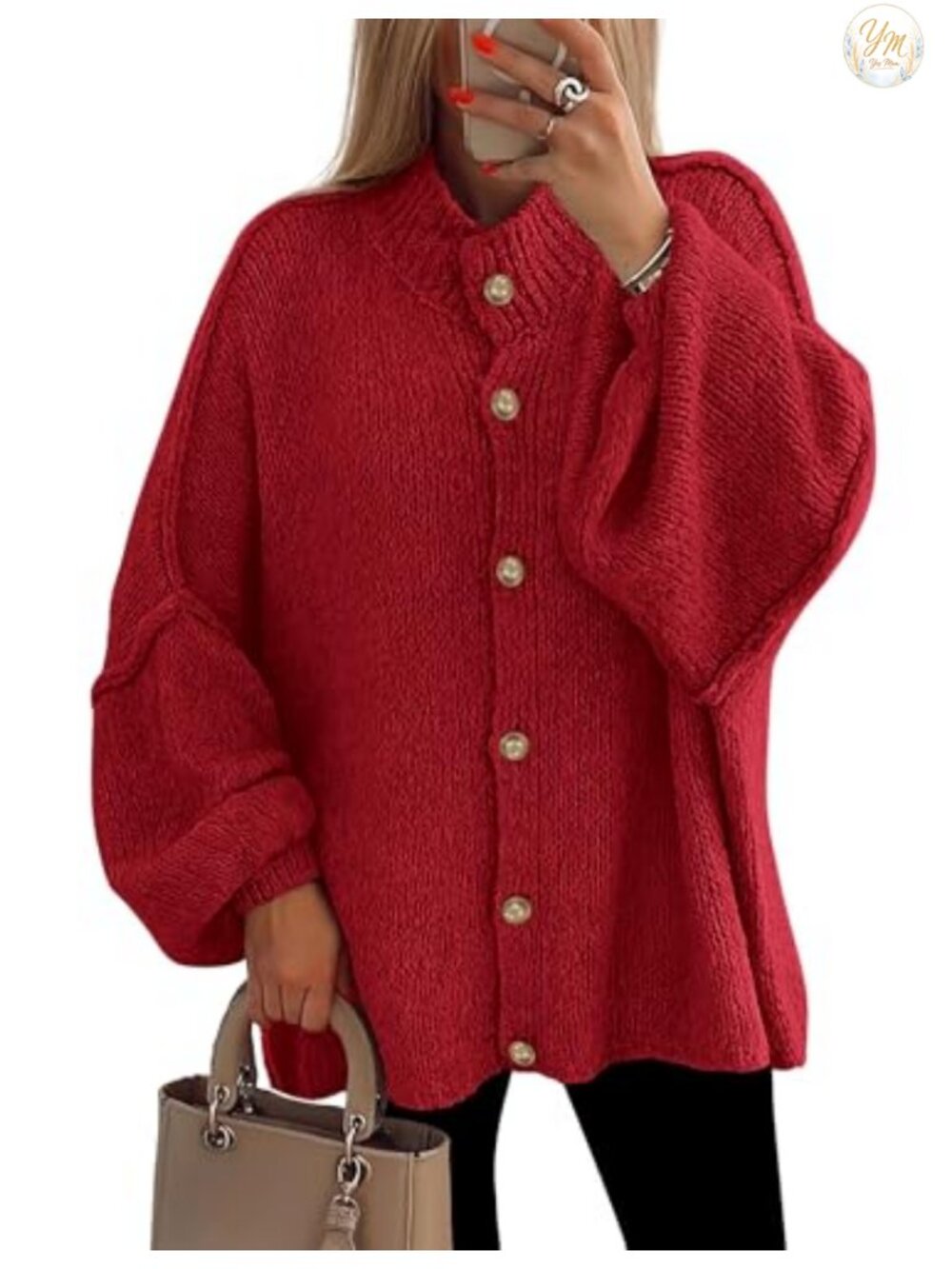 Oversized Chunky Knit Button Down Cardigan Sweater Mock Neck Long Sleeve